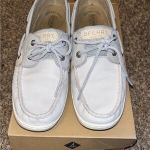 Sperry Light Gray and White Leather Boat Shoes